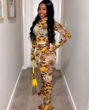 Snake Skin Print Thumb Hole Long Sleeve 2 Piece Sets JZHF-8011