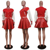 Trendy Baseball Jacket+PU Pleated Mini Skirt 2 Piece Sets WY-6875