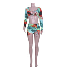 Sexy Printed Long Sleeve Crop Top Mini Skirt 2 Piece Sets JZHF-8029