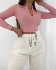 Solid Long Sleeve Zipper Crop Top JZHF-8007