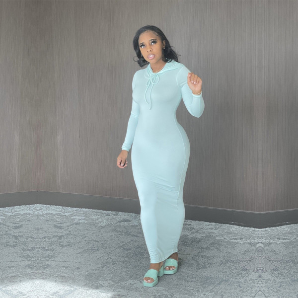 Solid Hooded Long Sleeve Maxi Dress BN-9314