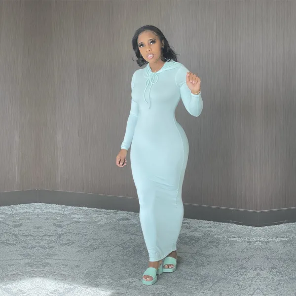 Solid Hooded Long Sleeve Maxi Dress BN-9314