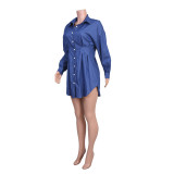 Blue Long Sleeve Slim-Waist Shirt Dress JZHF-8006