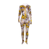 Snake Skin Print Thumb Hole Long Sleeve 2 Piece Sets JZHF-8011