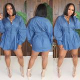 Blue Long Sleeve Slim-Waist Shirt Dress JZHF-8006