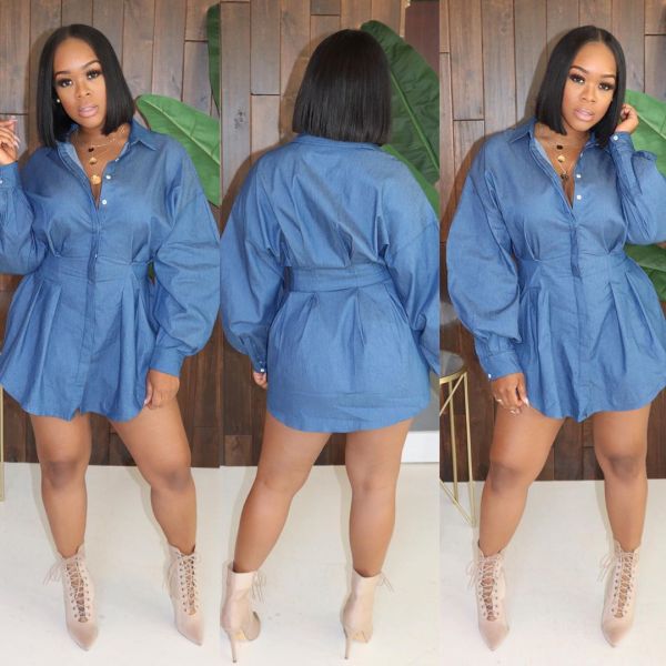 Blue Long Sleeve Slim-Waist Shirt Dress JZHF-8006