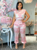 Plus Size Printed Short Sleeve Two Piece Sets JZHF-8041