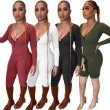 Solid Long Sleeve Zipper Tight Jumpsuit MOF-6662