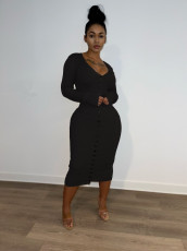 Solid Long Sleeve Slim Midi Dress FNN-8651