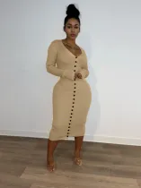 Solid Long Sleeve Slim Midi Dress FNN-8651