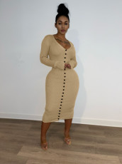 Solid Long Sleeve Slim Midi Dress FNN-8651