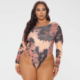 Plus Size Tie Dye Print Long Sleeve Tight Bodysuit OSIF-232