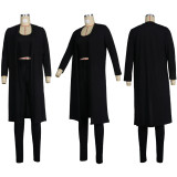 Solid Full Sleeve Long Cloak+Tank Top+Pants 3 Piece Sets FSXF-314