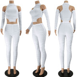 White Off Shoulder Ruched Long Sleeve 2 Piece Sets JZHF-8098
