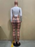 Casual Long Sleeve Top+Plaid Sling Jumpsuit 2 Piece Sets OLYF-96084