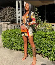 Sexy Printed Hollow Out Flare Sleeve Mini Dress JZHF-8099