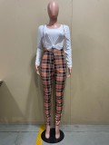 Casual Long Sleeve Top+Plaid Sling Jumpsuit 2 Piece Sets OLYF-96084