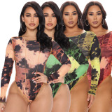 Plus Size Tie Dye Print Long Sleeve Tight Bodysuit OSIF-232