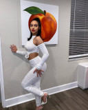 White Off Shoulder Ruched Long Sleeve 2 Piece Sets JZHF-8098