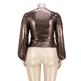 Plus Size Solid V Neck Long Sleeve Top ASL-7062