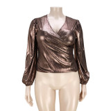 Plus Size Solid V Neck Long Sleeve Top ASL-7062