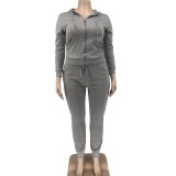 Plus Size Letter Print Hooded Zipper Two Piece Sets WAF-77392