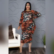 Plus Size Sexy Printed Long Sleeve Midi Dress ASL-7061
