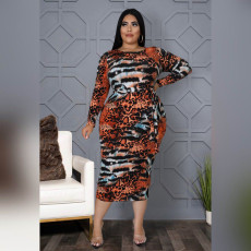 Plus Size Sexy Printed Long Sleeve Midi Dress ASL-7061