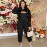 Solid Long Sleeve Crop Top+Camisole+Pants 3 Piece Sets GLF-10078