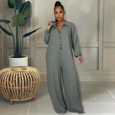 Plus Size Solid Long Sleeve Loose Jumpsuit HM-6601