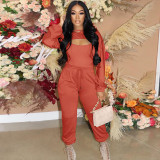Solid Long Sleeve Crop Top+Camisole+Pants 3 Piece Sets GLF-10078