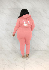 Plus Size Pink Letter Print Hooded Zipper 2 Piece Sets WAF-77391