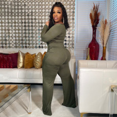 Plus Size Solid V Neck Long Sleeve Jumpsuit NNWF-7399