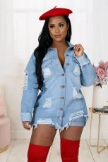 Denim Ripped Hole Full Sleeve Coat LX-3521