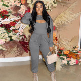 Solid Long Sleeve Crop Top+Camisole+Pants 3 Piece Sets GLF-10078