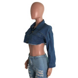 Denim Ripped Hole Full Sleeve Short Jacket LX-3522