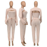 Solid Long Sleeve Crop Top+Camisole+Pants 3 Piece Sets GLF-10078