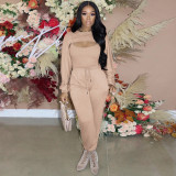 Solid Long Sleeve Crop Top+Camisole+Pants 3 Piece Sets GLF-10078