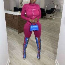Letter Print Turtleneck Long Sleeve Two Piece Sets FNN-8655