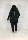 Plus Size Letter Print Hooded Zipper Two Piece Sets WAF-77392