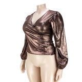 Plus Size Solid V Neck Long Sleeve Top ASL-7062