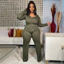 Plus Size Solid V Neck Long Sleeve Jumpsuit NNWF-7399
