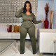 Plus Size Solid V Neck Long Sleeve Jumpsuit NNWF-7399