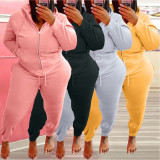 Plus Size Letter Print Hooded Zipper Two Piece Sets WAF-77392