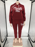 Plus Size Pink Letter Fleece Hooded 2 Piece Pants Set WAF-77360P330