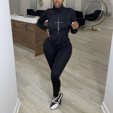 Letter Print Turtleneck Long Sleeve Two Piece Sets FNN-8655