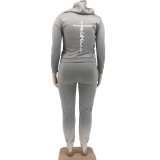 Plus Size Letter Print Hooded Zipper Two Piece Sets WAF-77392