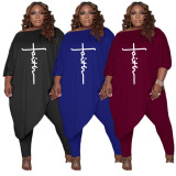 Plus Size Letter Print Irregular Long Top And Pants Sets HNIF-010