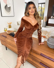 Velour Slash Neck Drawstring Long Sleeve Midi Dress ME-L999