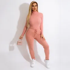Solid High Collar Long Sleeve Slim Two Piece Sets HNIF-069